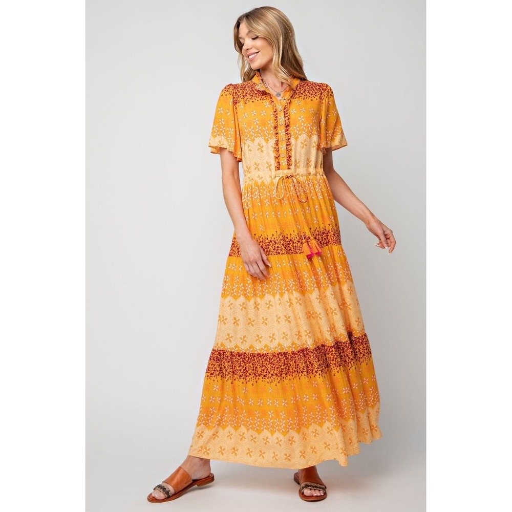 Easel Border Printed Challis Maxi Dress Yellow Orange Boho Wing Sleeve MEDIUM‎